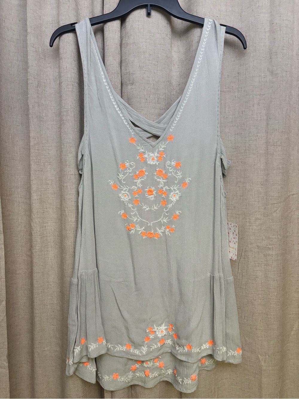 Free People Sage Green Embroidered Tank with Orange Floral Accents